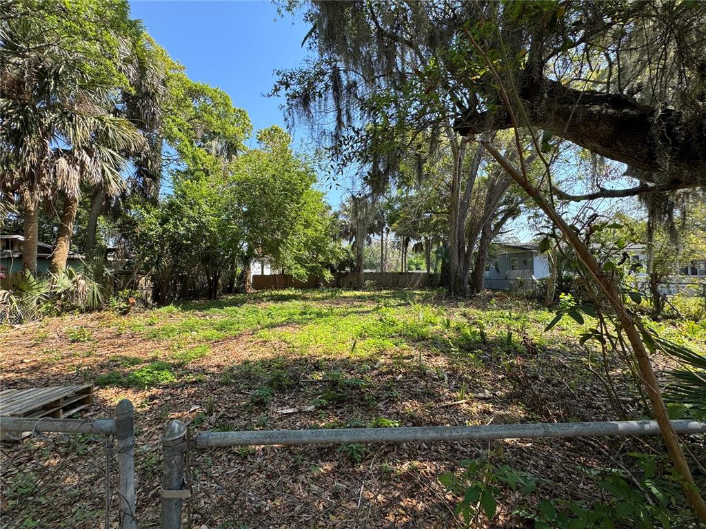 A vacant, grassy residential lot is surrounded by mature trees and a chain-link fence — 1127 MARTHA DRIVE, DAYTONA BEACH, FL