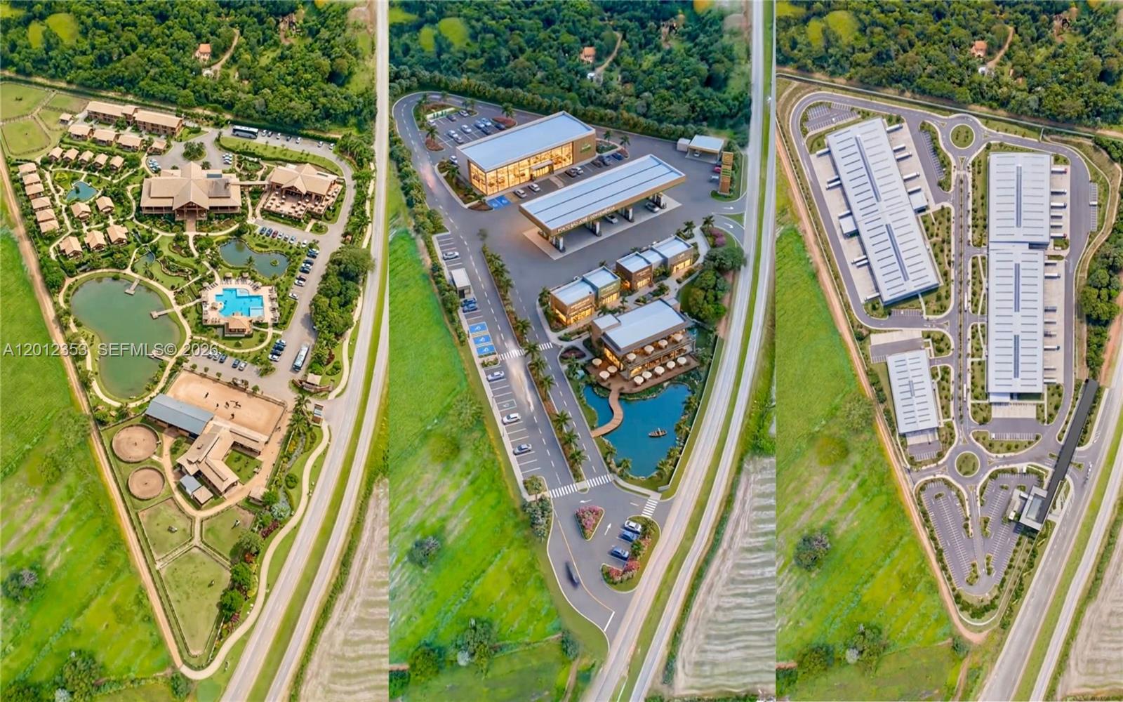 This aerial rendering shows three separate commercial and residential property developments surrounded by green fields — BR153 km114, GO, GO