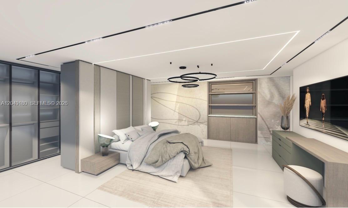 This is a rendering of a modern bedroom featuring a bed, built-in cabinetry, and lighting — KEY LARGO, FL