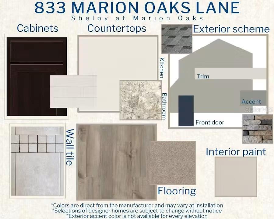 This design board displays material and color samples for home interior finishes and exterior elements — 833 MARION OAKS LANE, OCALA, FL