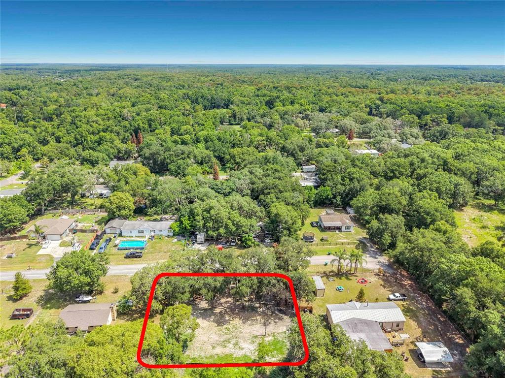 An aerial view shows a vacant, rectangular lot outlined in red surrounded by wooded residential properties — 15832 BERMUDA STREET, ORLANDO, FL