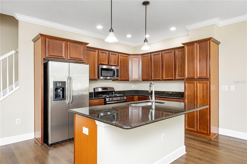 A kitchen with wood cabinets, stainless steel appliances, a granite island, and dark wood floors — 6112 FISHHAWK CROSSING BOULEVARD, LITHIA, FL