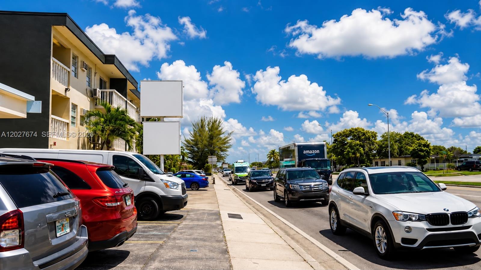 A street scene shows parked cars, an Amazon truck, and an apartment building exterior — 4851 E 8th Ave, Hialeah FL 33013, HIALEAH, FL