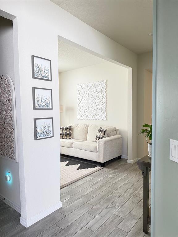 A living room with a beige sofa and white wall art is viewed from a hallway — 1873 SPRING SHOWER CIRCLE, KISSIMMEE, FL