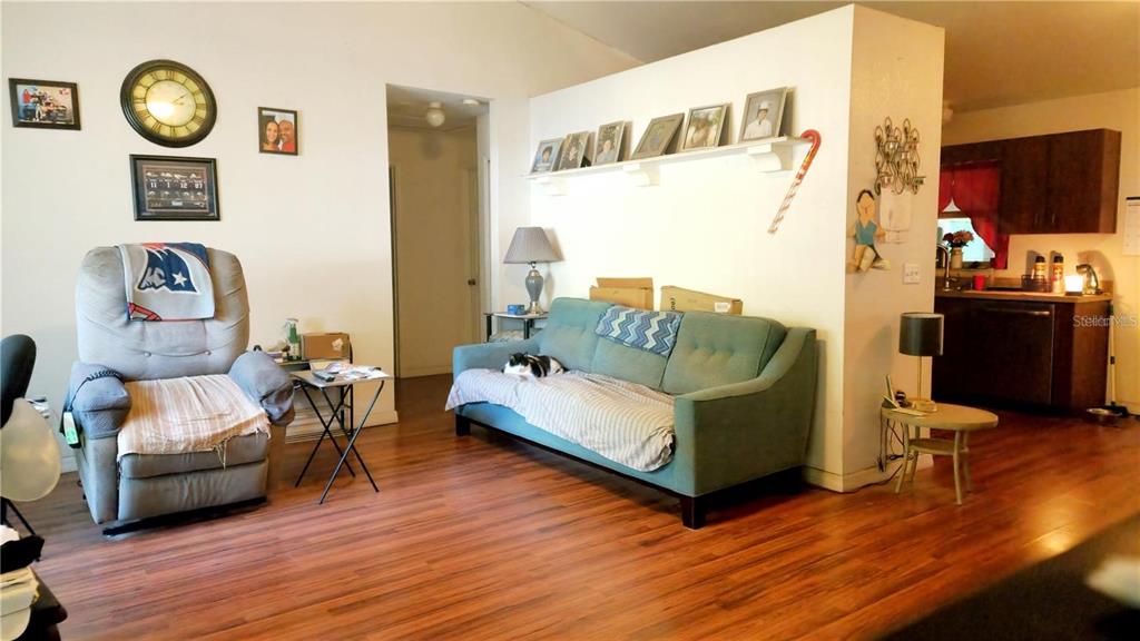 A living room features a recliner, a teal sofa with a cat, and an adjacent kitchen — 11216 NW 8TH LANE, OCALA, FL