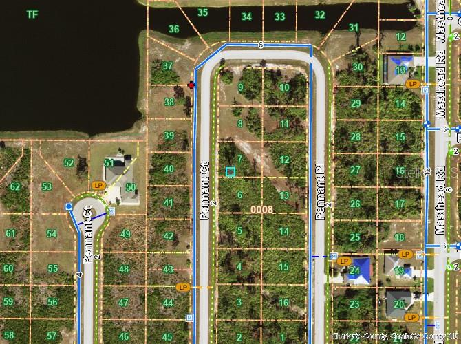 This is a satellite map view showing residential lots and streets in a neighborhood — 13 PENNANT COURT, PLACIDA, FL