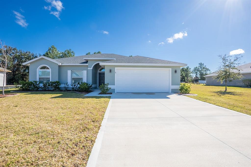 A single-story house with a light green exterior, a two-car garage, and a concrete driveway — 91 FLEMINGWOOD LANE, PALM COAST, FL
