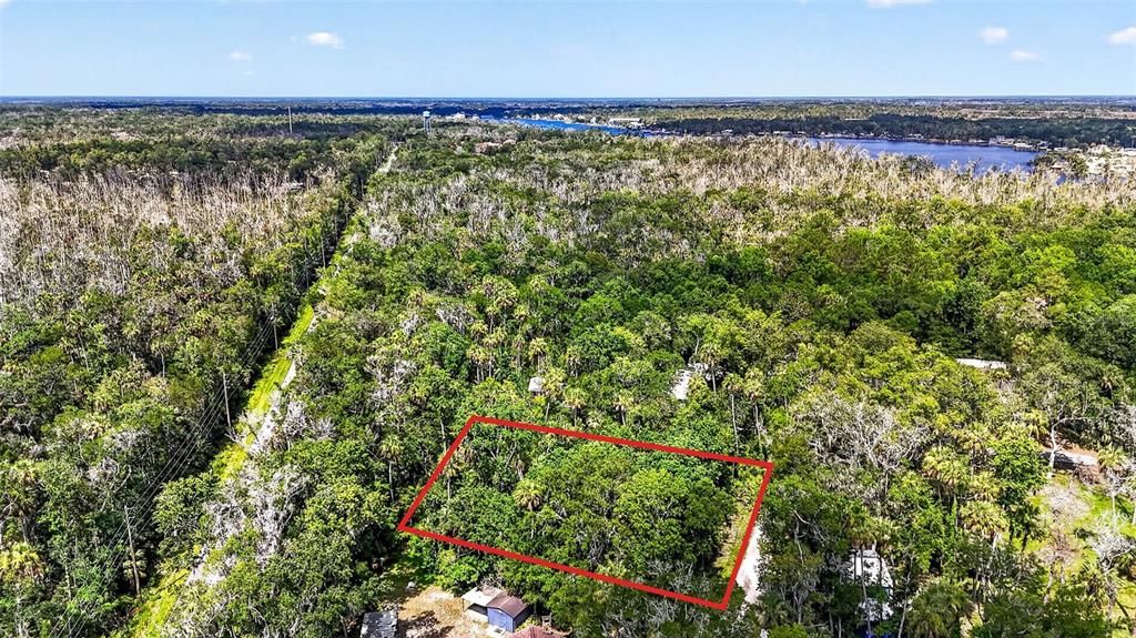 An aerial view shows a rectangular plot of land outlined in red amidst dense forest — 4626 S FLAMBEAU LOOP, HOMOSASSA, FL
