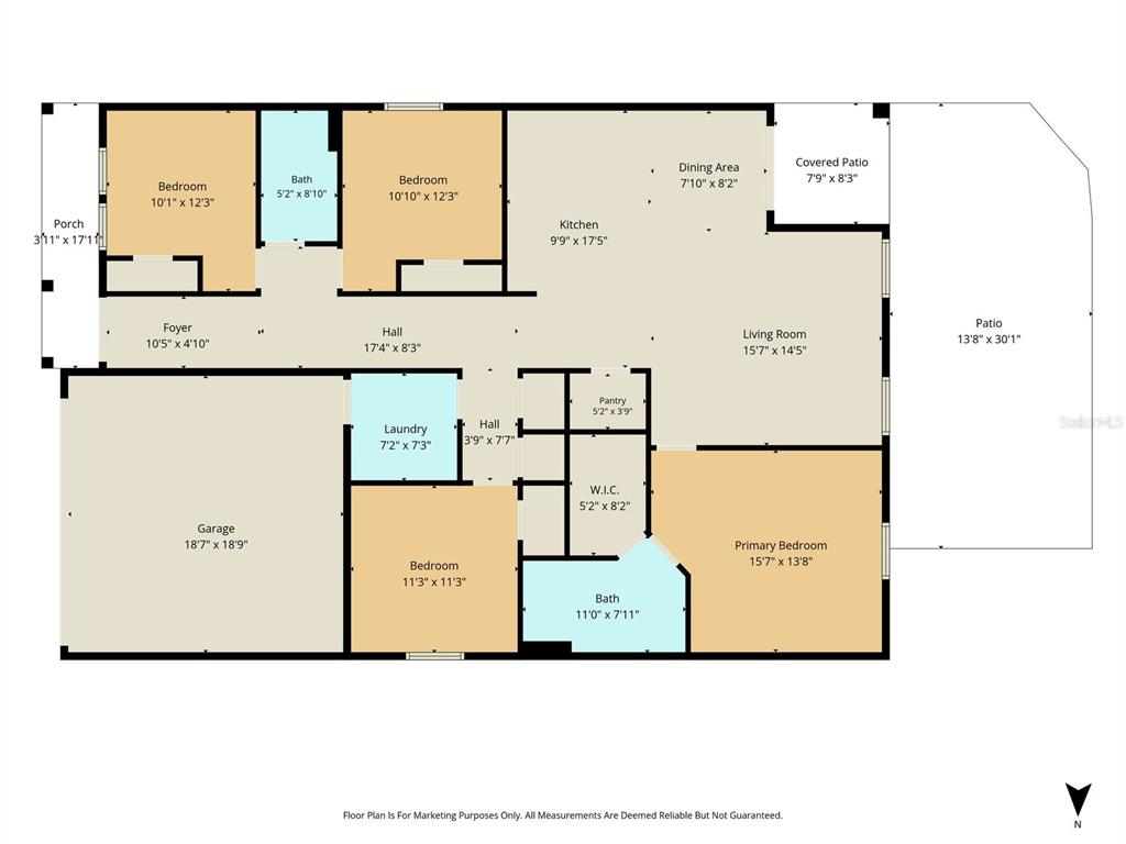 This is a floor plan showing a single-story house with three bedrooms and a garage — 8830 N SPARTAN DRIVE, CITRUS SPRINGS, FL