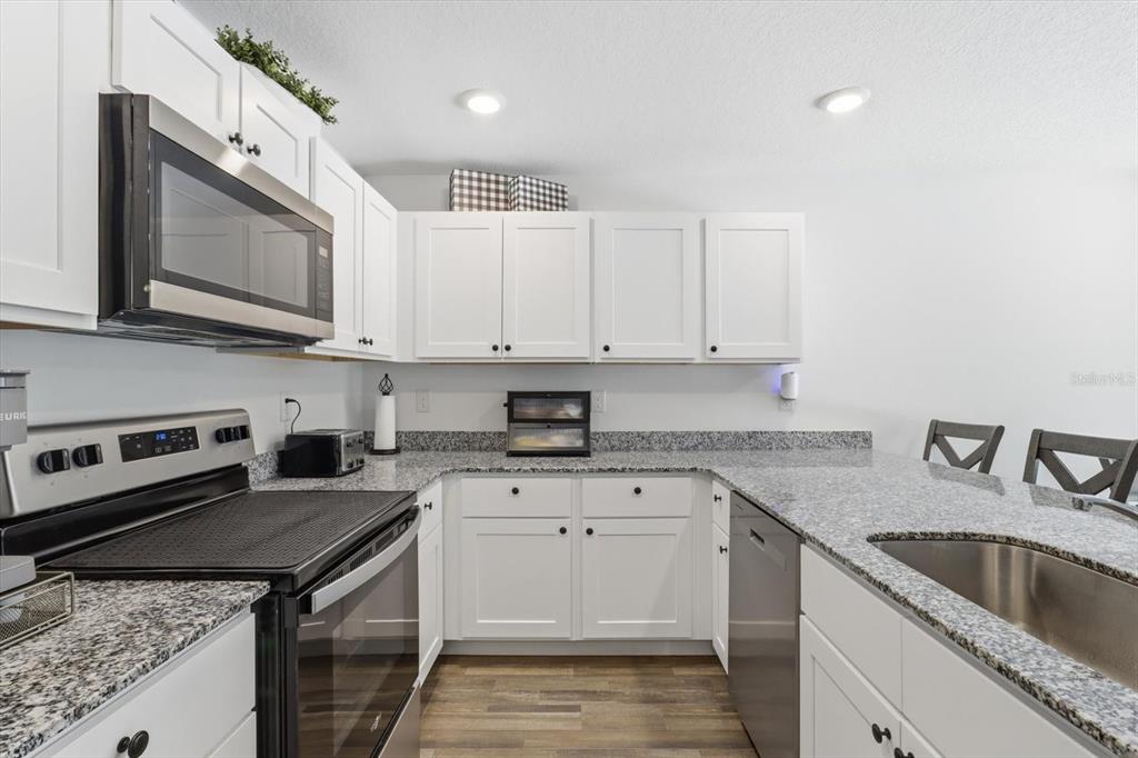 A kitchen features white cabinets, granite countertops, stainless steel appliances, and wood-look flooring — 8830 N SPARTAN DRIVE, CITRUS SPRINGS, FL