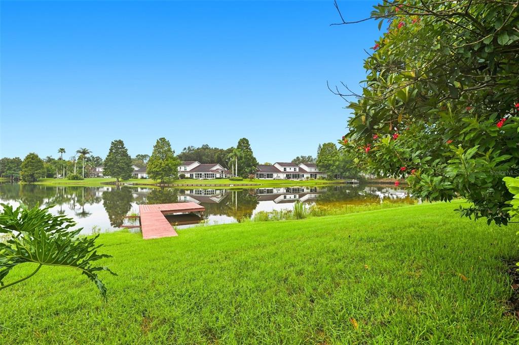 A wooden dock extends into a calm lake surrounded by green grass and residential homes — 1821 LAKE HERON DRIVE, LUTZ, FL