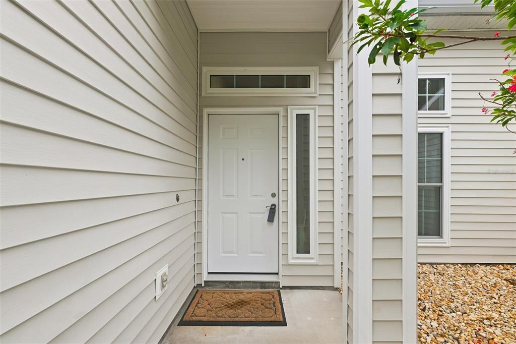 A white front door with a sidelight and transom window sits under a covered entryway — 1821 LAKE HERON DRIVE, LUTZ, FL
