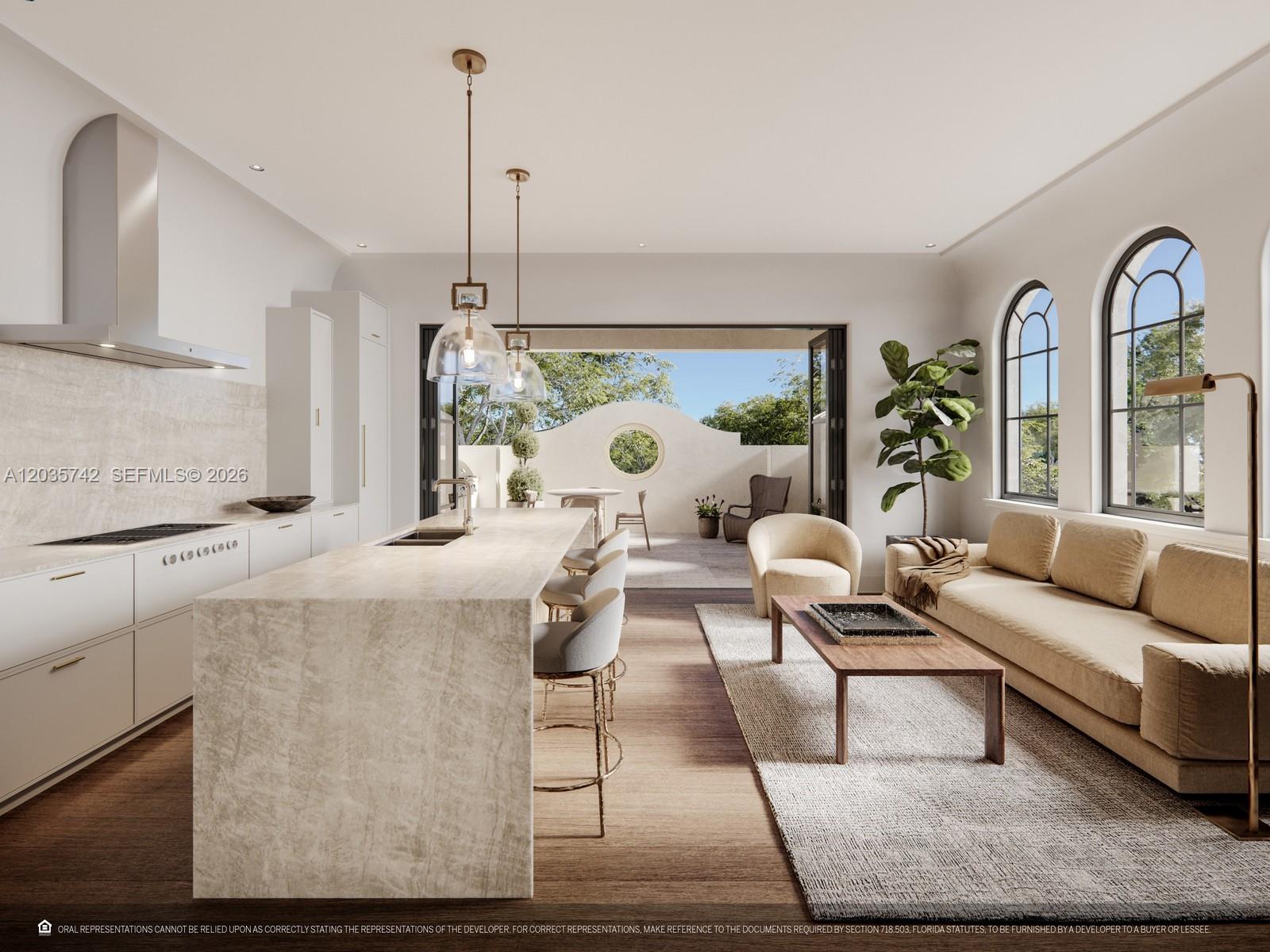 This rendering shows an open-concept kitchen and living area with a stone island and patio — 504 Malaga Ave # T6, Coral Gables FL 33134, CORAL GABLES, FL