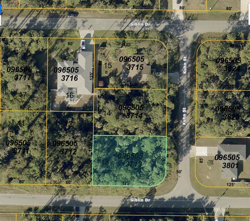 This is a satellite map showing residential lots and street layouts in a neighborhood — Lot 13 GIBLIN DRIVE, NORTH PORT, FL