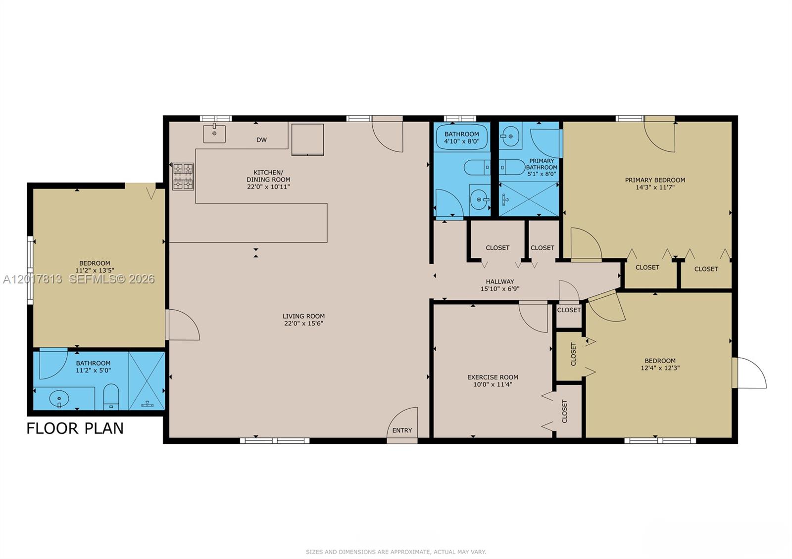 This is a floor plan showing a three-bedroom apartment with an open-concept living area — 12535 SW 31st Ter, Miami FL 33175, MIAMI, FL