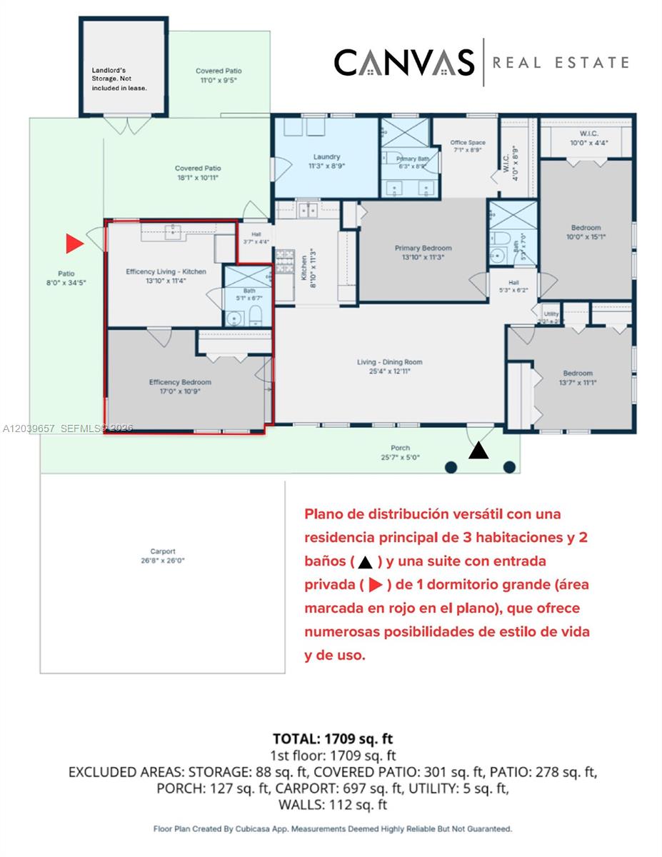 This floor plan shows a residential layout with a main house and an attached efficiency unit — 561 W 39th St, Hialeah FL 33012, HIALEAH, FL