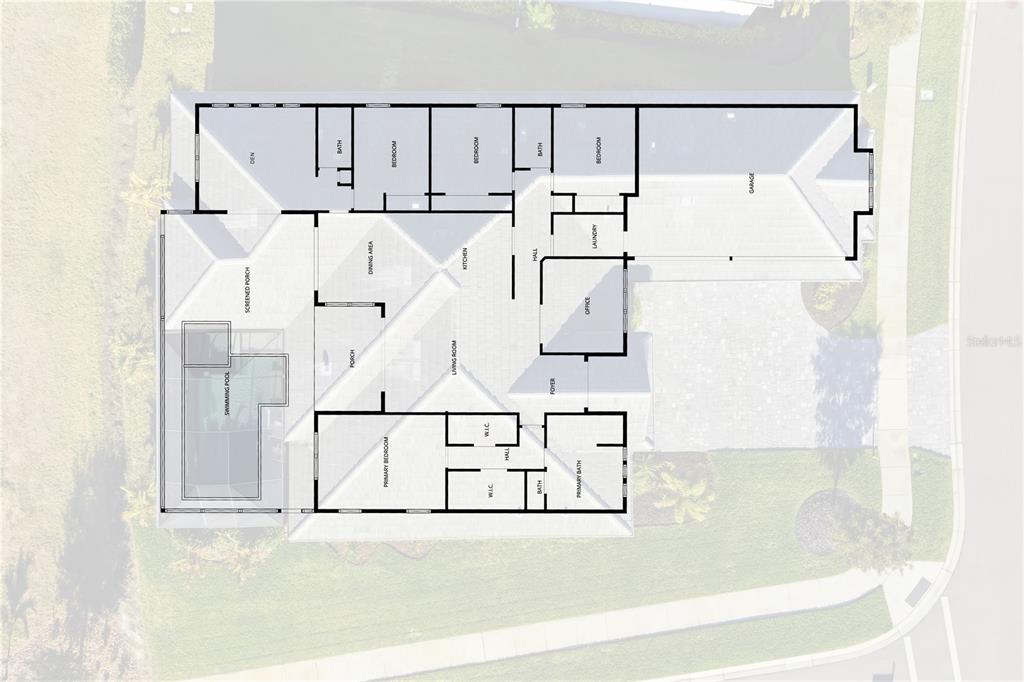 This is a floor plan of a single-story house with a garage and swimming pool — 4677 ANTRIM DRIVE, SARASOTA, FL