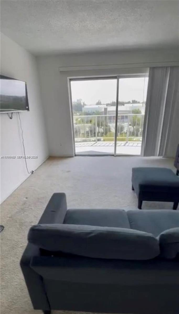 A living room features gray furniture, beige carpeting, and a sliding glass door to a balcony — 496 NW 165th St Rd # 611, Miami FL 33169, MIAMI, FL