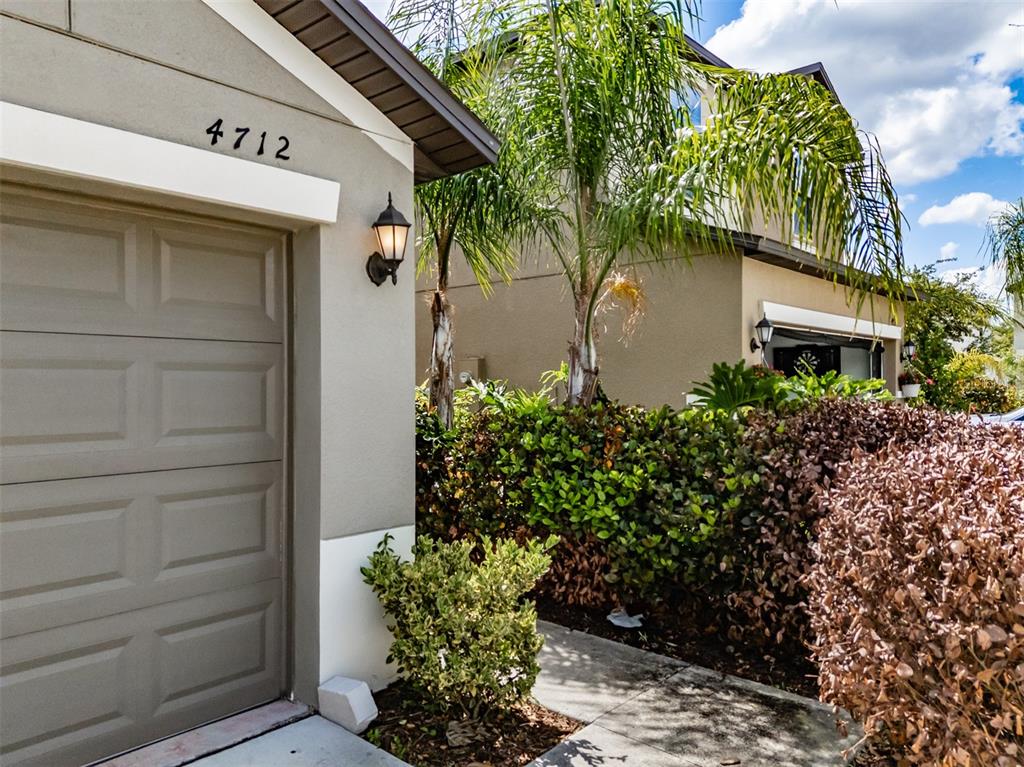 A view of a tan house exterior featuring a garage door and a palm tree — 4712 RON EDDIE, TAMPA, FL