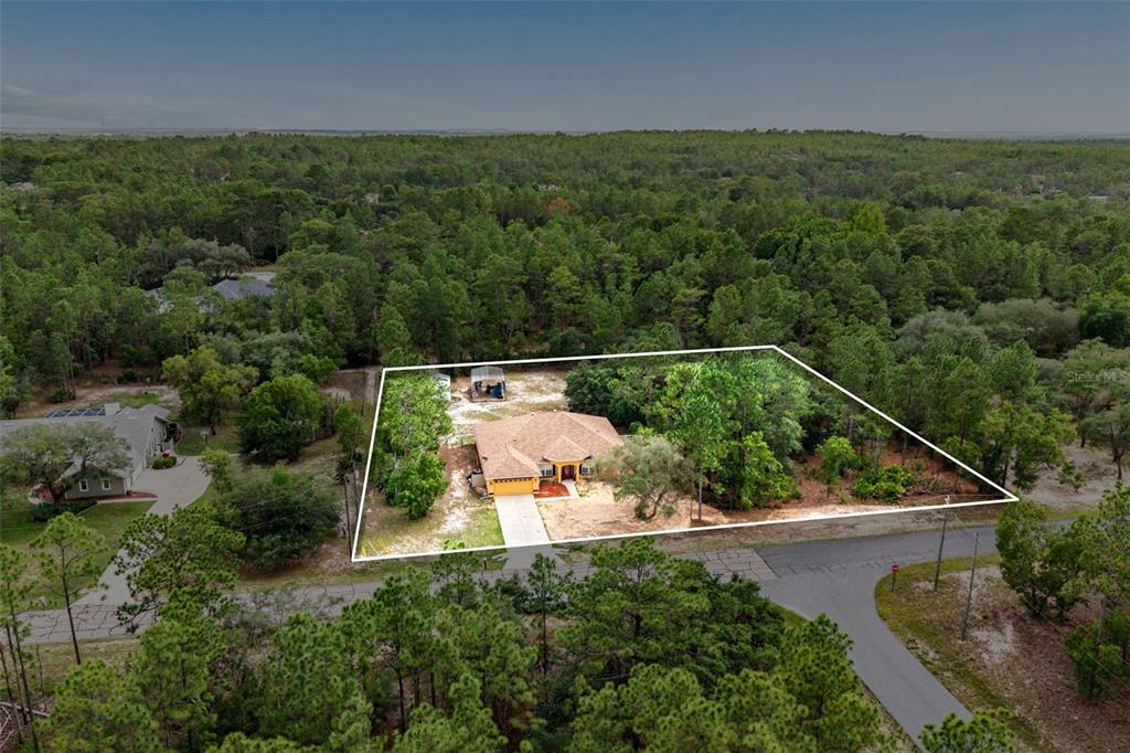 An aerial view shows a single-story house with a tan roof on a wooded lot — 4350 W HORSESHOE DRIVE, BEVERLY HILLS, FL