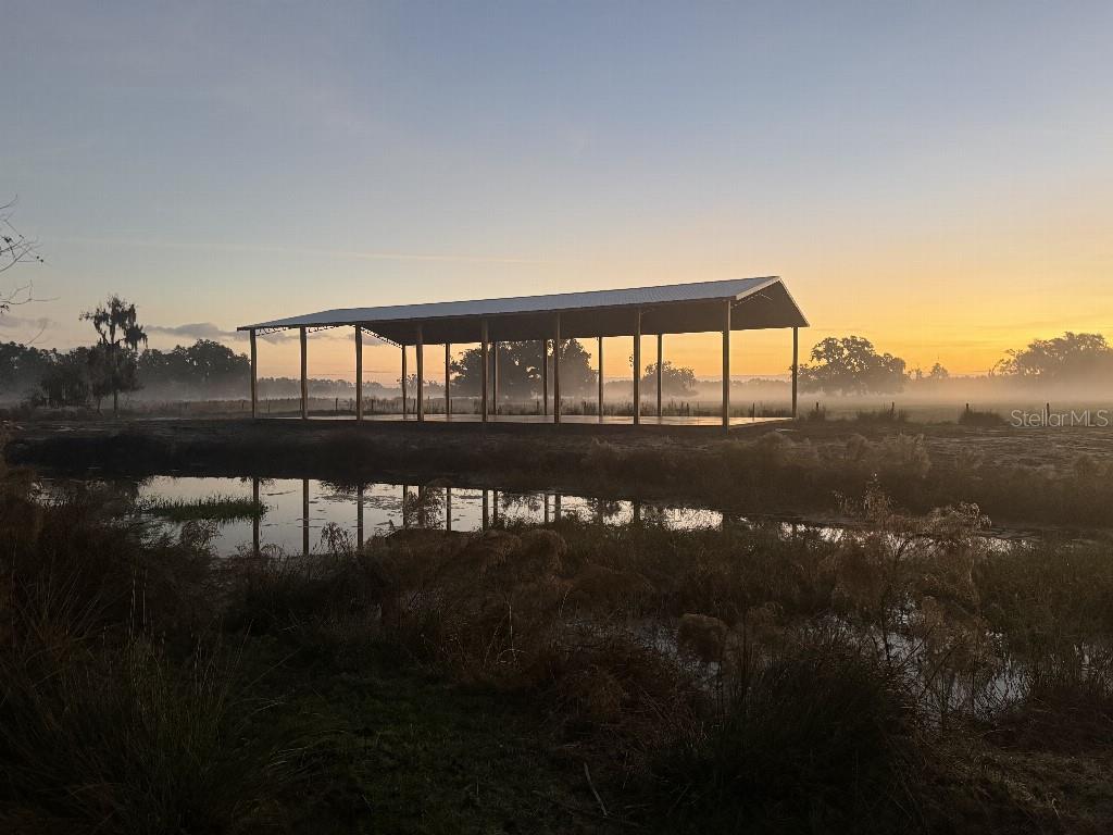 An open-sided metal pole barn stands in a misty field at sunrise near a pond — 8206 BACK ROAD, PLANT CITY, FL