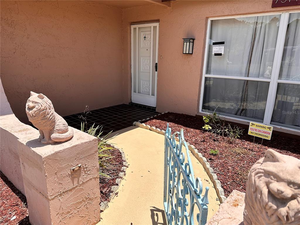 A peach-colored exterior entrance features a white door, a tiled porch, and decorative cat statues — 7514 SAN MORITZ DRIVE, PORT RICHEY, FL