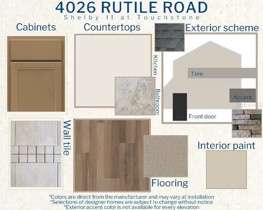 This design board displays material samples for home cabinetry, countertops, flooring, tile, and exterior finishes — 4026 RUTILE ROAD, LAKELAND, FL