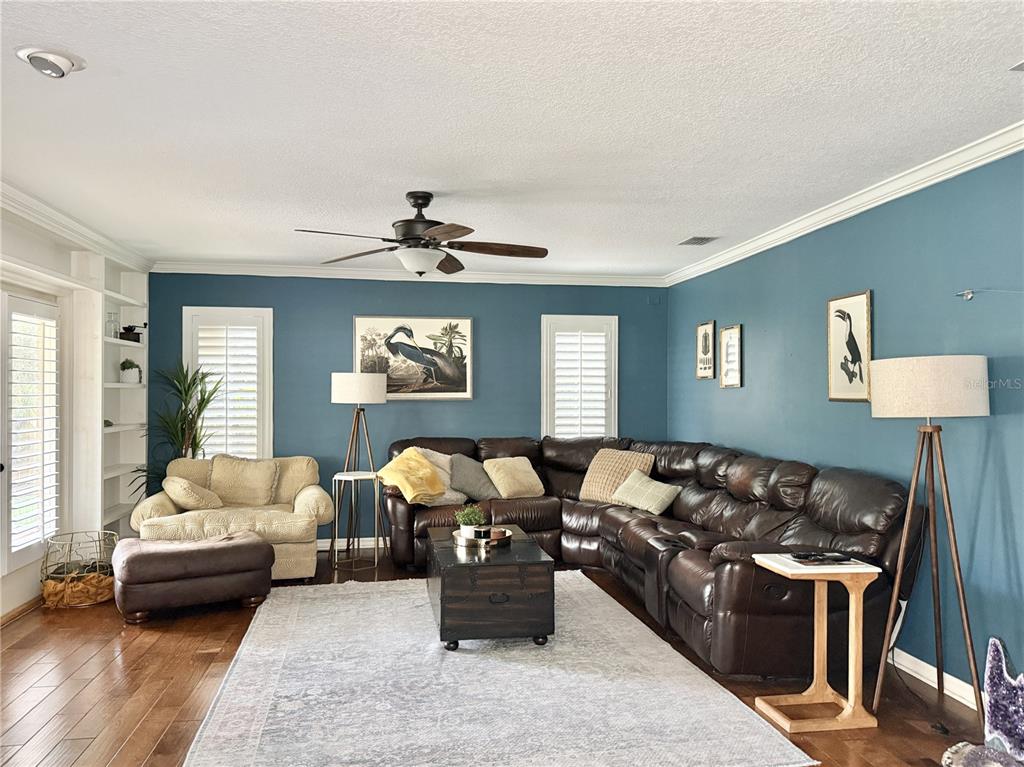 A living room features a large brown sectional, a cream armchair, and blue walls — 9306 ALANBROOKE ST, TEMPLE TERRACE, FL