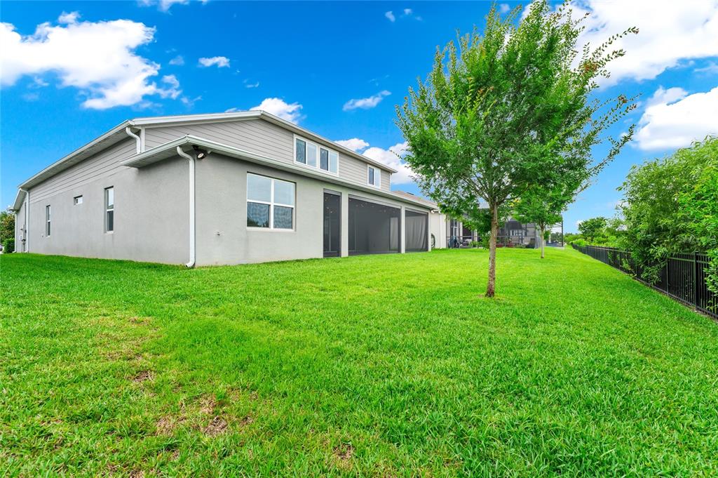 The exterior rear view of a house features a screened-in patio and a grassy yard — 2314 NUTHATCH STREET, ST CLOUD, FL