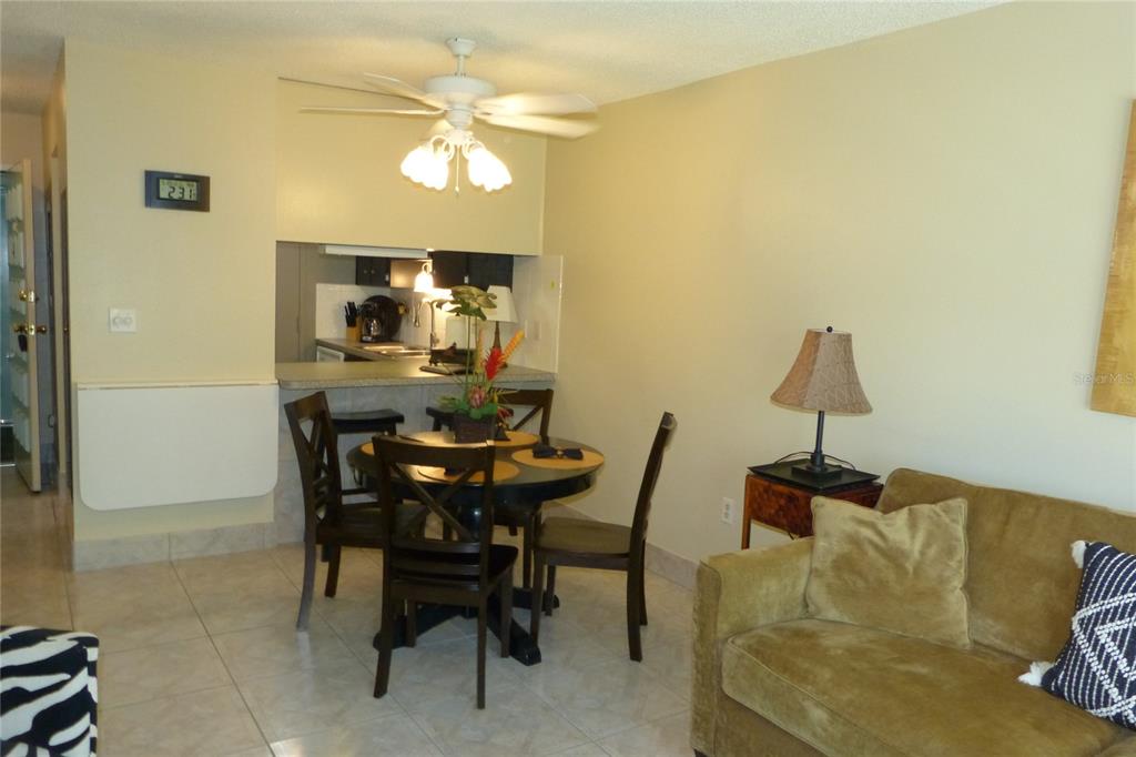 A dining area with a round table and chairs sits adjacent to a small kitchen — 2700 BAYSHORE BOULEVARD UNIT 4312, DUNEDIN, FL