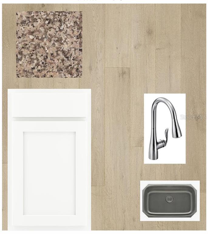 This design board displays samples of white cabinetry, granite countertops, wood flooring, and kitchen fixtures — 2849 MARRAKESH LANE, SARASOTA, FL