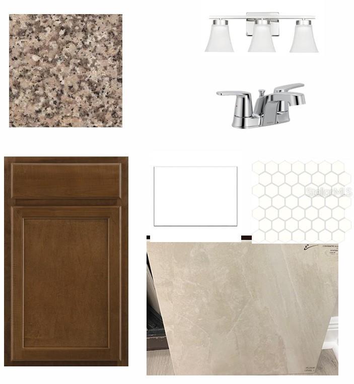 This image displays a collage of interior design finishes including cabinetry, granite, tile, and fixtures — 2849 MARRAKESH LANE, SARASOTA, FL