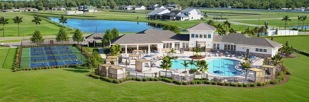 This is a rendering of a community clubhouse featuring a swimming pool and tennis courts — 2849 MARRAKESH LANE, SARASOTA, FL