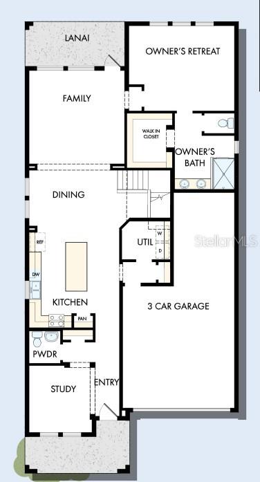 This is a floor plan for a single-story home featuring a three-car garage and lanai — 15231 EASTLYN DRIVE, BRADENTON, FL