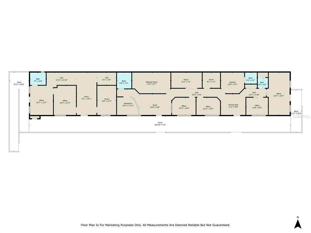 This is a floor plan for a commercial office building with multiple rooms and decks — 107 NE 4TH STREET, CRYSTAL RIVER, FL