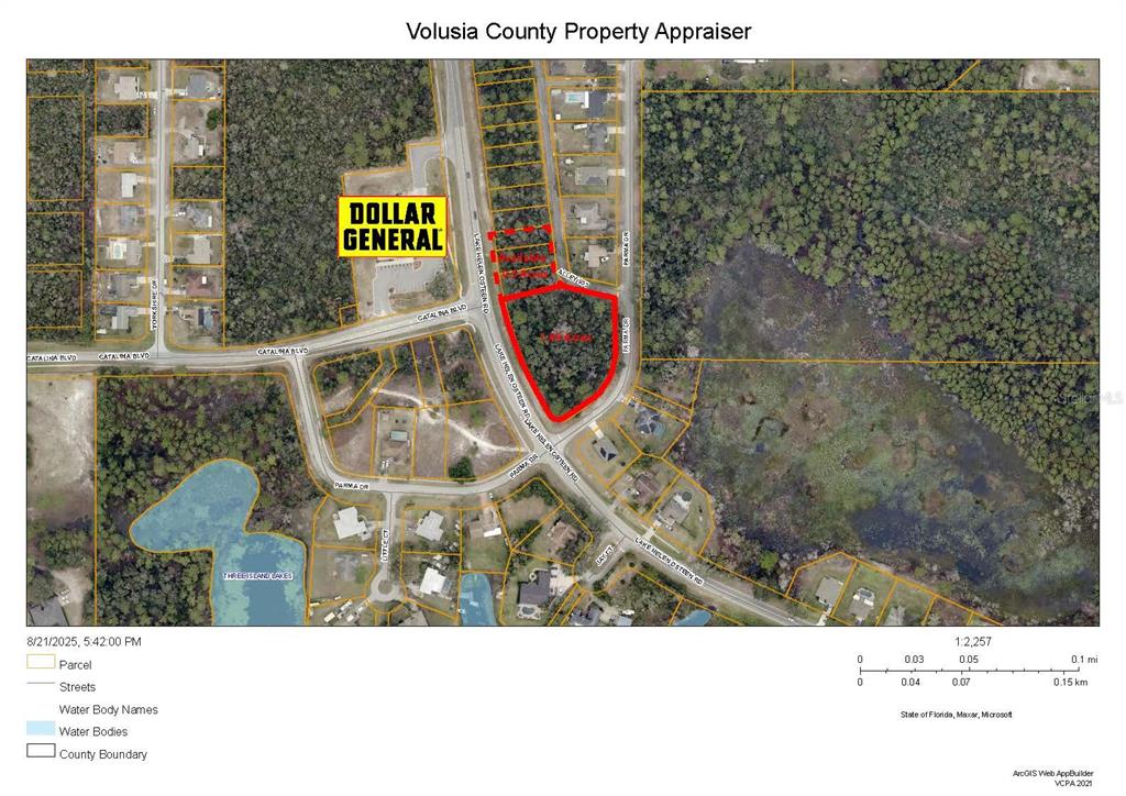 This is a map showing a parcel of land outlined in red near a Dollar General — 3001 LAKE HELEN OSTEEN ROAD, DELTONA, FL