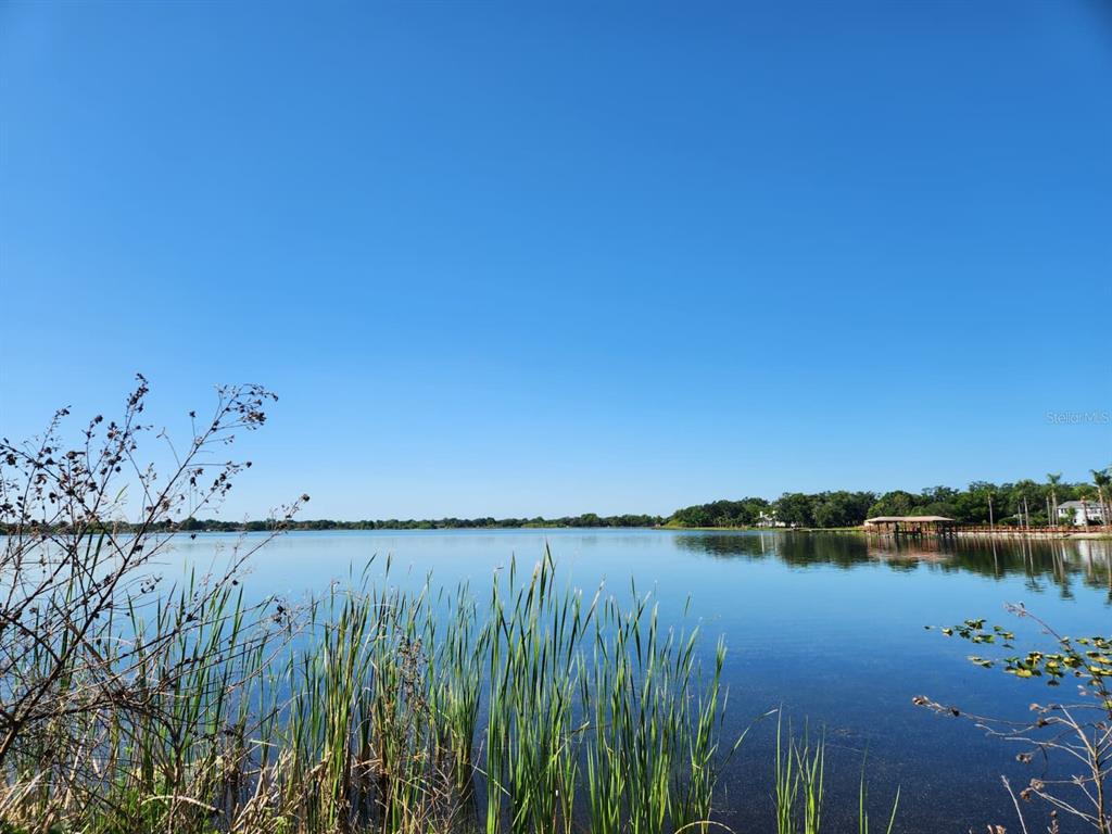 A view of a calm lake with tall grasses in the foreground and a dock — 3898 & 3910 W WASHINGTON STREET, ORLANDO, FL