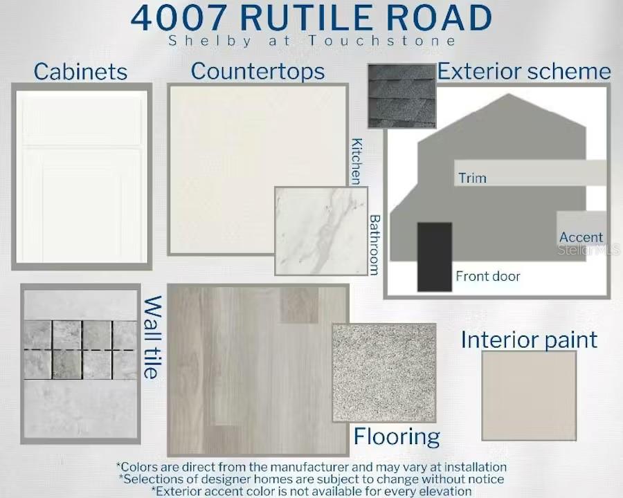 This design board displays interior and exterior finish selections for a new home construction — 4007 RUTILE ROAD, LAKELAND, FL