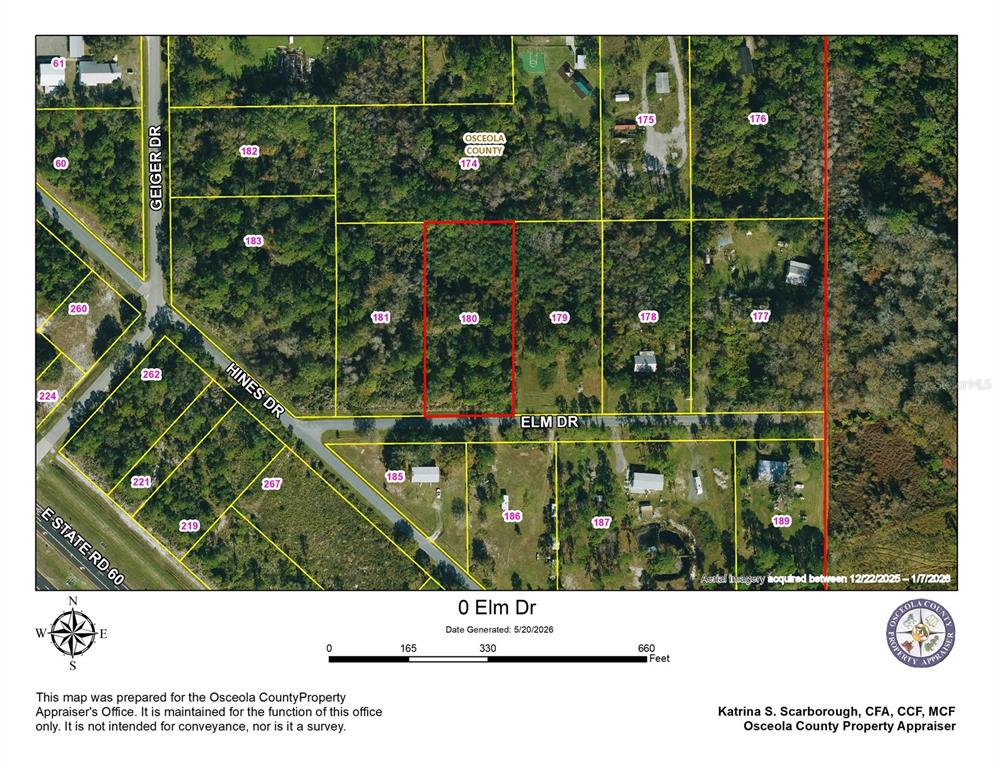 This is a property map showing land parcels and road layouts in Osceola County — ELM DRIVE, OKEECHOBEE, FL
