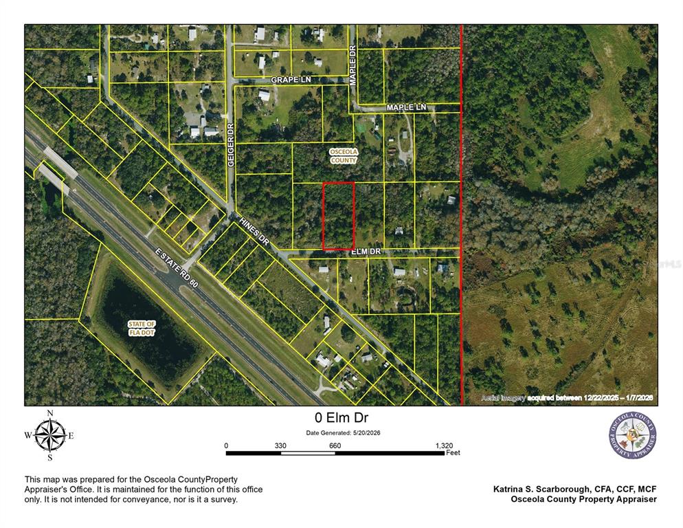 This is a property tax map showing a highlighted parcel of land near Elm Drive — ELM DRIVE, OKEECHOBEE, FL