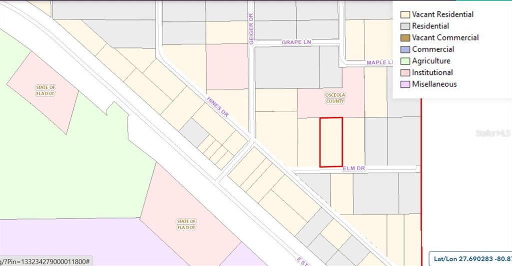 This is a land use map showing a highlighted parcel of land near Elm Drive — ELM DRIVE, OKEECHOBEE, FL