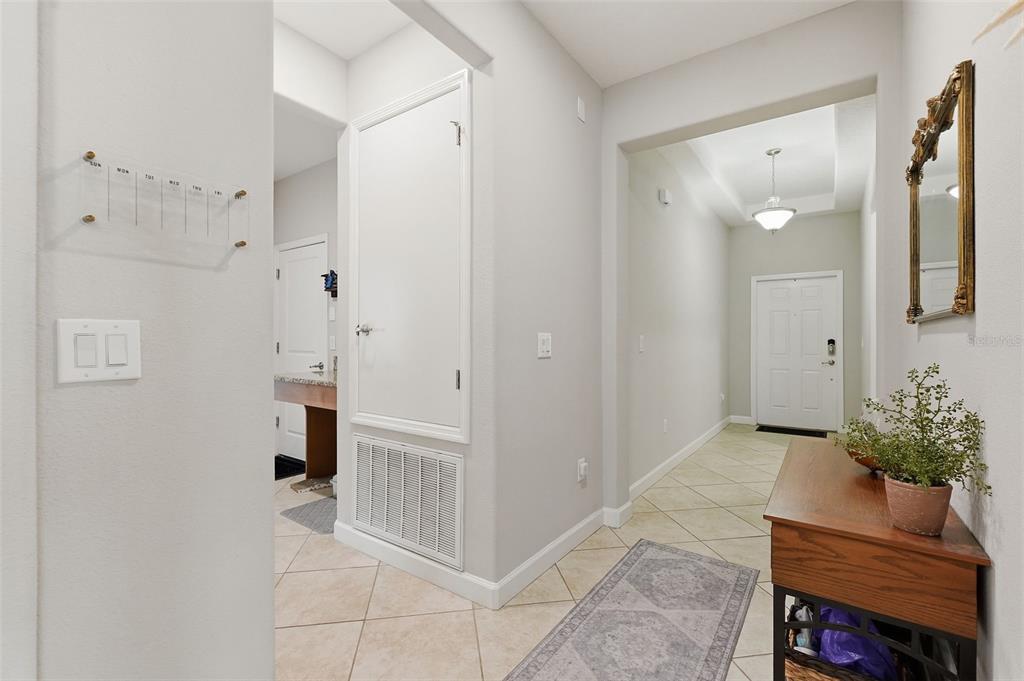 A tiled entryway features a wooden console table, a wall mirror, and a white door — 11804 VALHALLA WOODS DRIVE, RIVERVIEW, FL