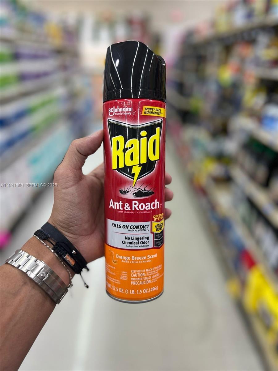 A hand holds a can of Raid Ant & Roach spray in a retail store aisle — 79th, Miami FL 33166, MIAMI, FL