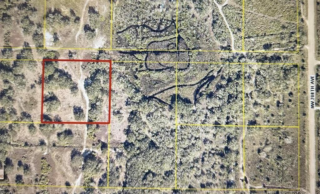 An aerial map shows a rectangular plot of land outlined in red among wooded lots — NW 300TH STREET, OKEECHOBEE, FL
