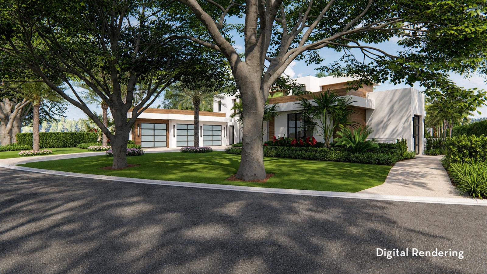A digital rendering of a modern house with a three-car garage and landscaped front yard — 404 Mariner Drive, Jupiter FL 33477, JUPITER, FL