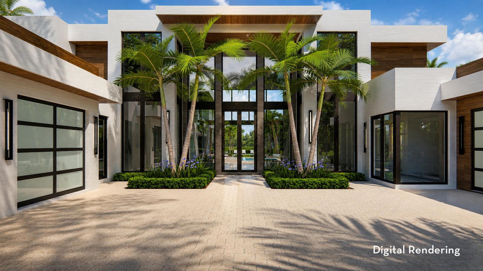 A digital rendering of a modern luxury home exterior with palm trees and glass doors — 404 Mariner Drive, Jupiter FL 33477, JUPITER, FL