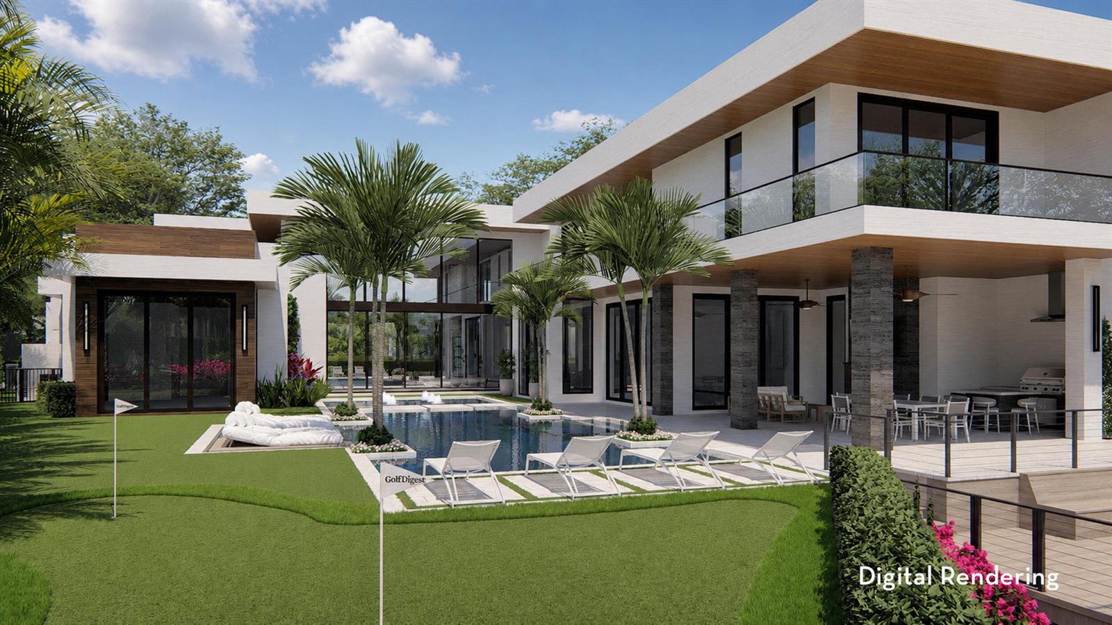 This digital rendering shows a modern luxury home with a pool, patio, and putting green — 404 Mariner Drive, Jupiter FL 33477, JUPITER, FL