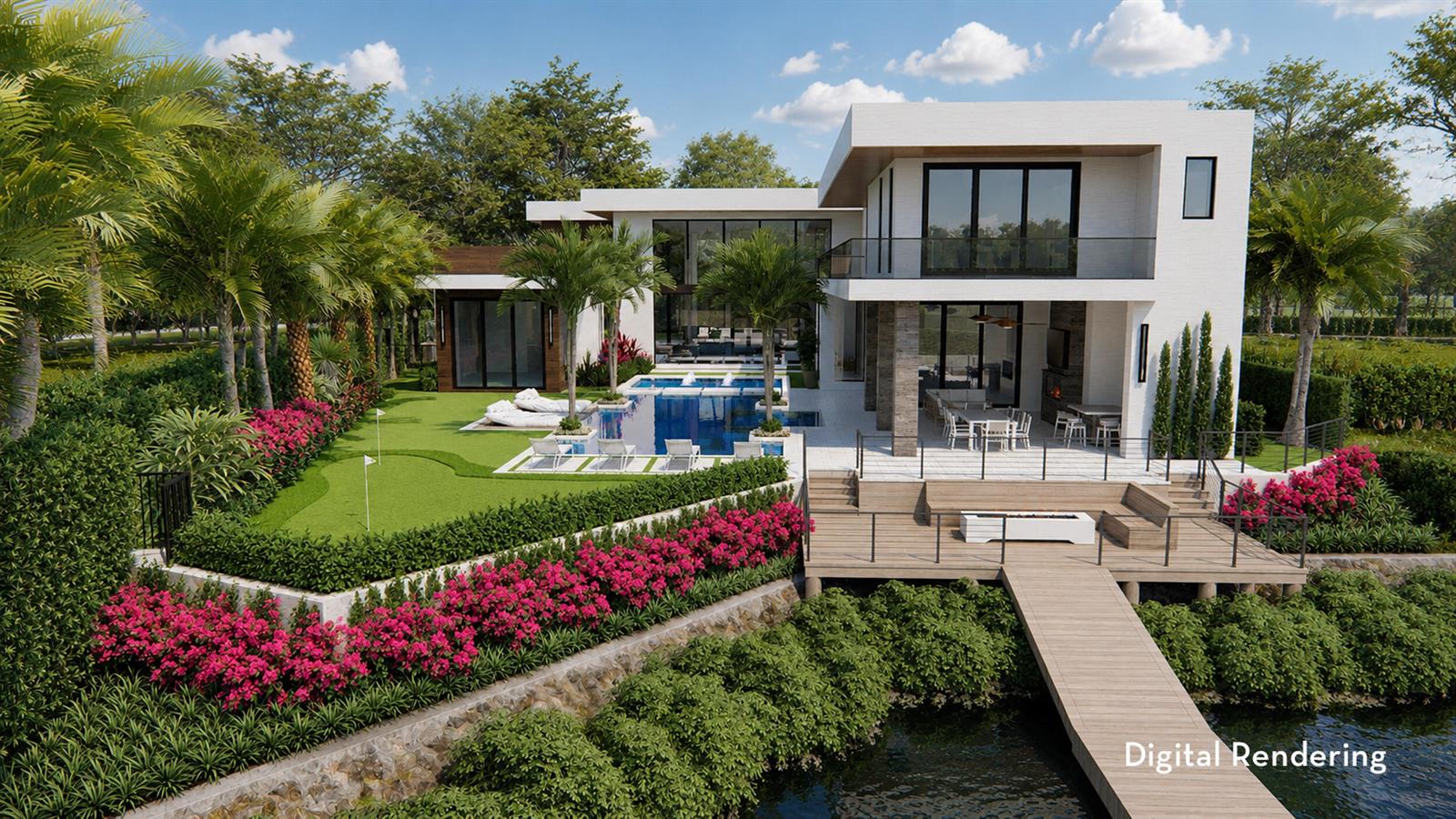 This digital rendering shows a modern two-story house with a pool, putting green, and dock — 404 Mariner Drive, Jupiter FL 33477, JUPITER, FL