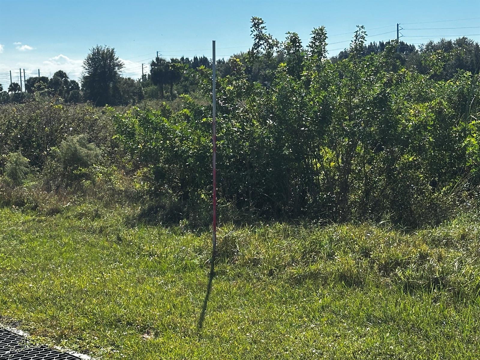 A tall, thin survey marker stands in a grassy field in front of dense brush — 6674 SE 33rd Terrace, Okeechobee FL 34974, OKEECHOBEE, FL