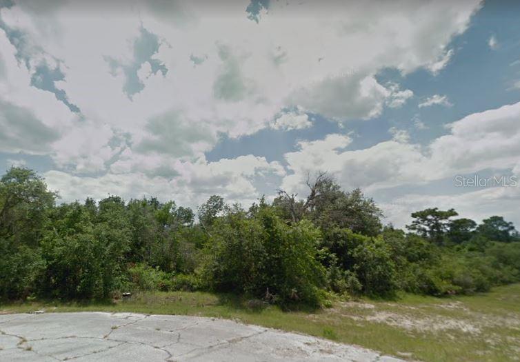 A vacant, wooded lot viewed from a paved cul-de-sac under a cloudy sky — 506 SARASOTA PLACE, POINCIANA, FL